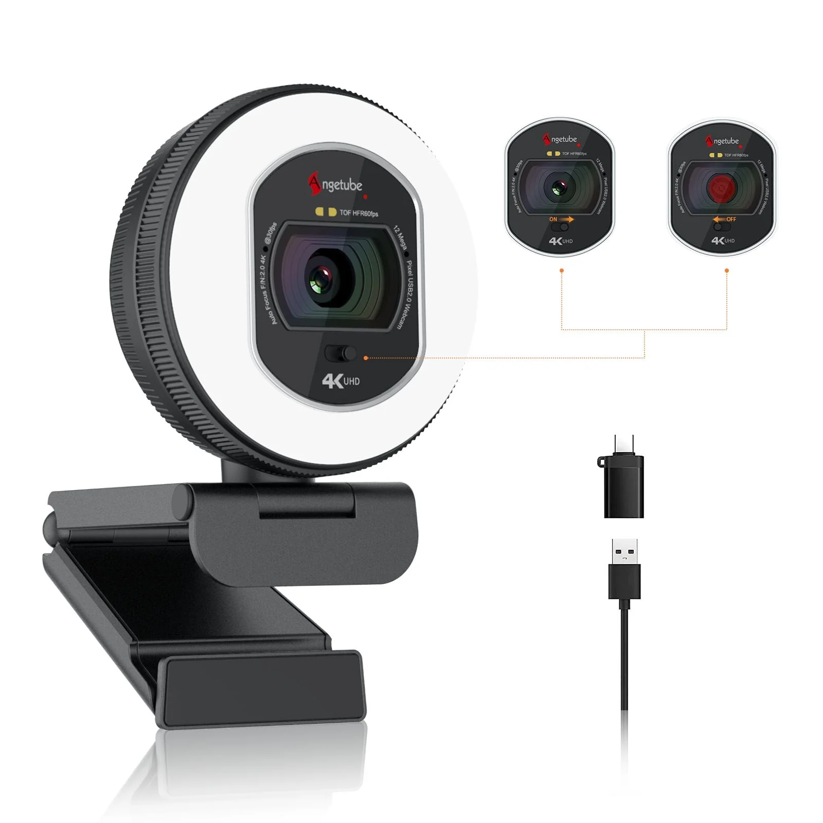Angetube 4K Webcam with Ring Light