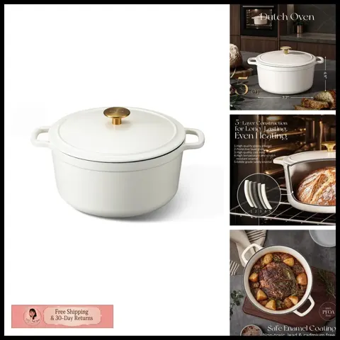 CAROTE 5QT Cream White Enameled Cast Iron Dutch Oven Pot with Lid