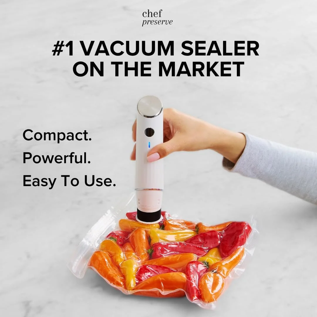 Chef Preserve Compact Vacuum Sealer for Food (Vacuum Sealer Machine + 30 Reusable Vacuum Bags) Powerful Handheld Vacuum Sealer Machine