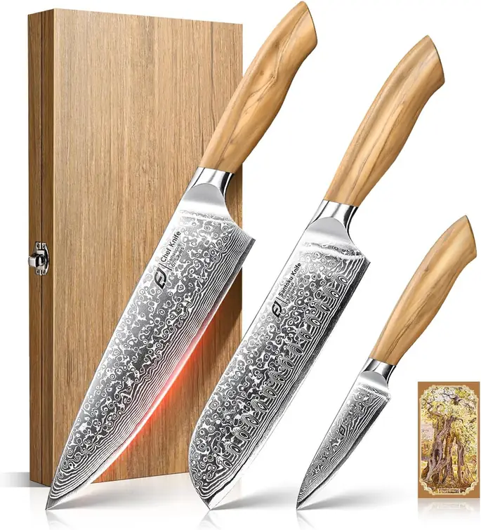 Emojoy 3-Piece Japanese Damascus Steel Knife Set