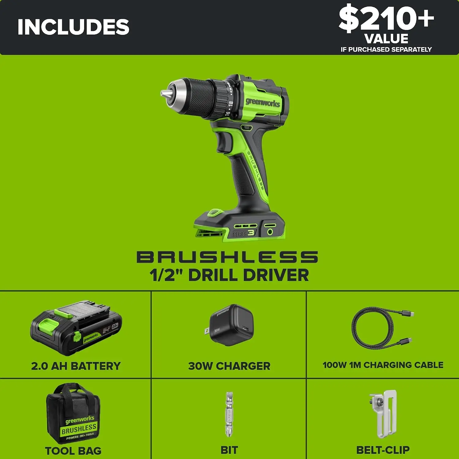 GREENWORKS 24V 1/2" Brushless Cordless Drill (400 In-lbs.)