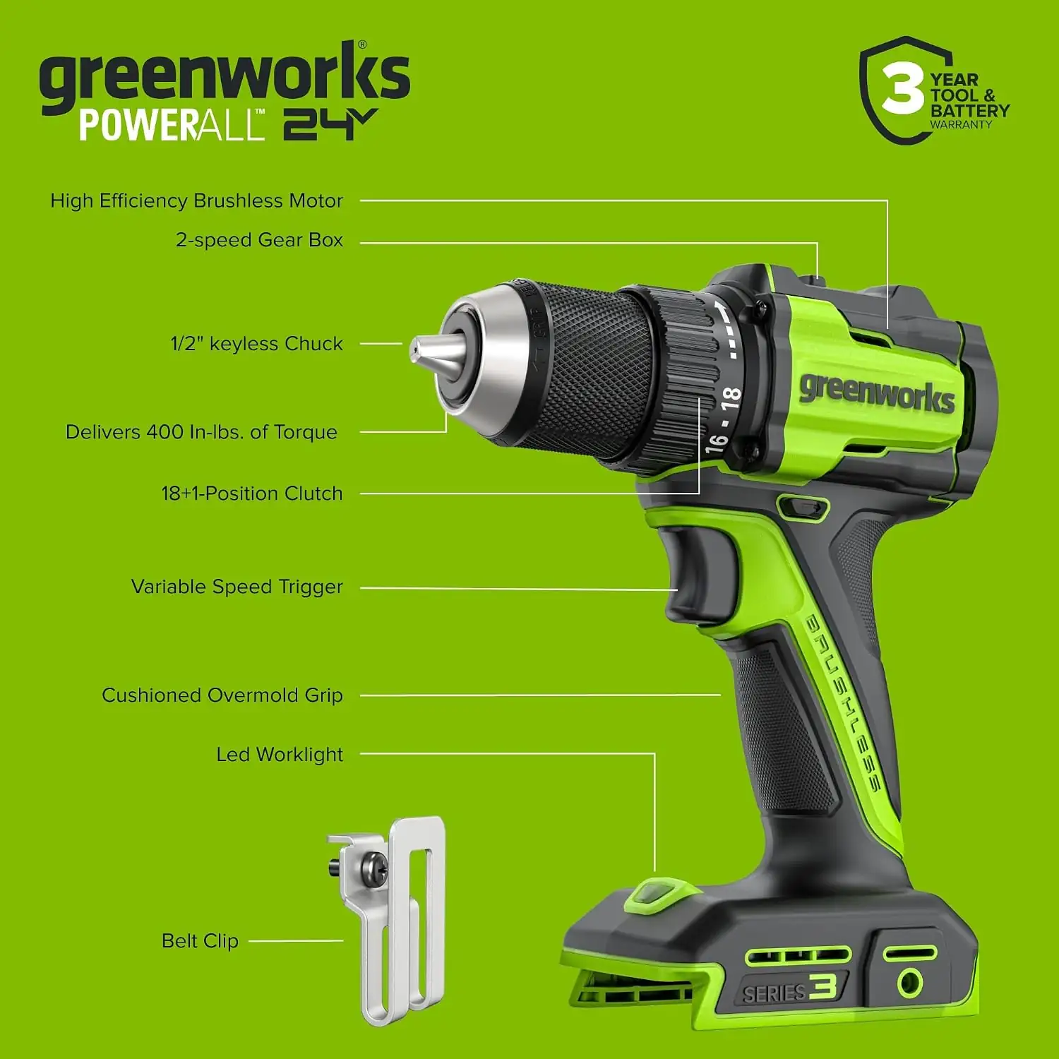 GREENWORKS 24V 1/2" Brushless Cordless Drill (400 In-lbs.)
