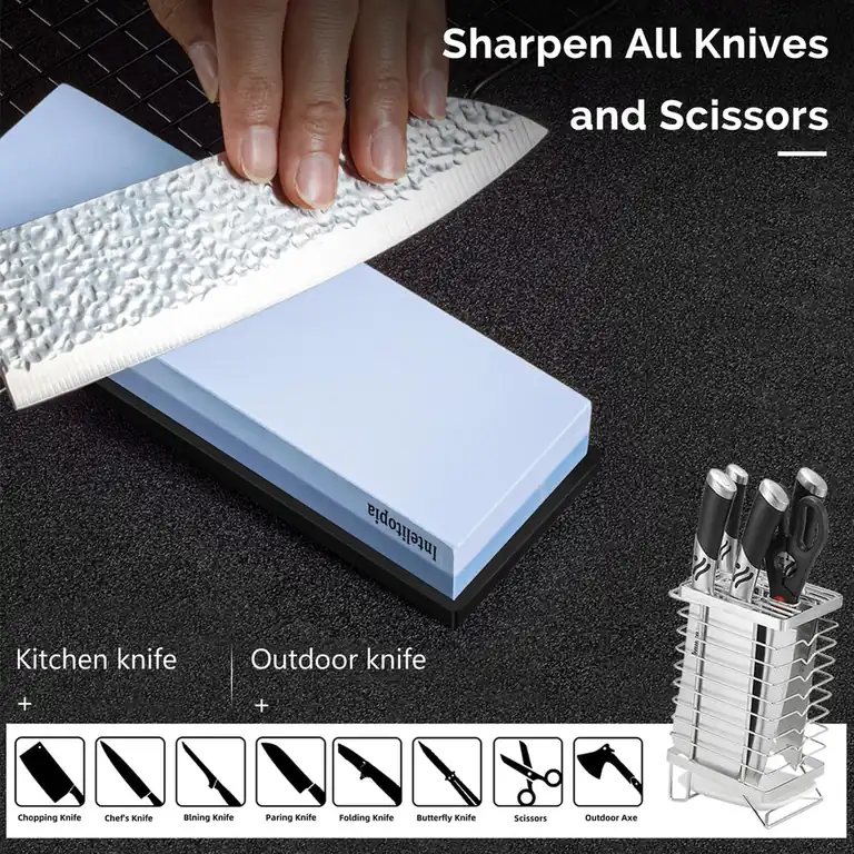 Intelitopia Complete Knife Sharpening Stone Set – Dual Grit Whetstone 400/1000 3000/8000 Knife Sharpener with Leather Strop