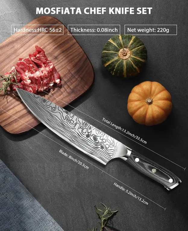 MOSFiATA 8" Super Sharp Professional Chef's Knife with Finger Guard and Knife Sharpener
