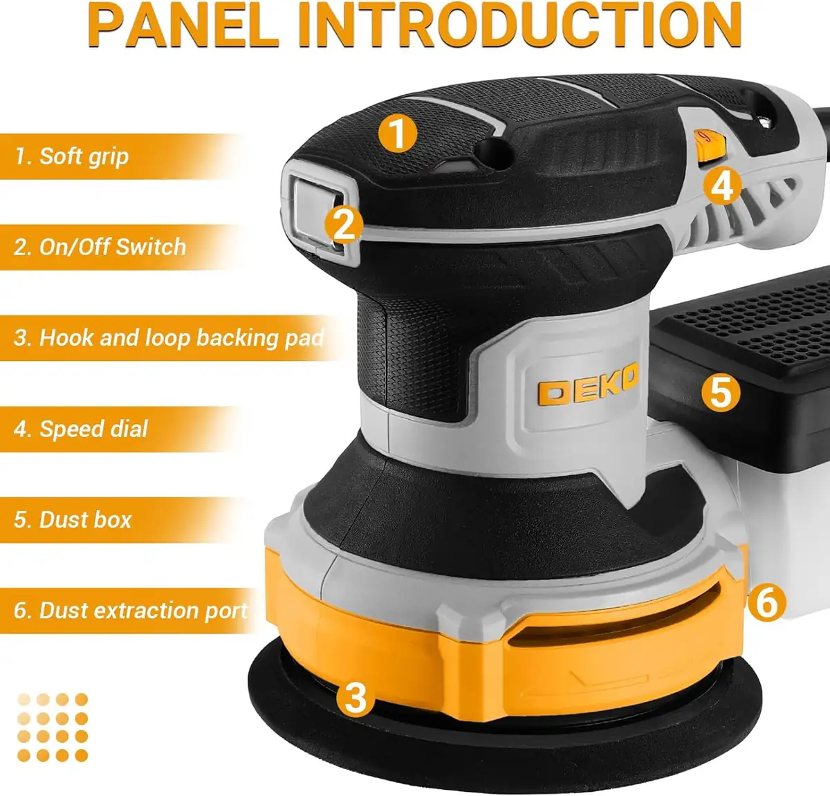 Orbital Sander Corded Hand Sander: DEKOPRO 5" Random Orbital Sander with Dust Box