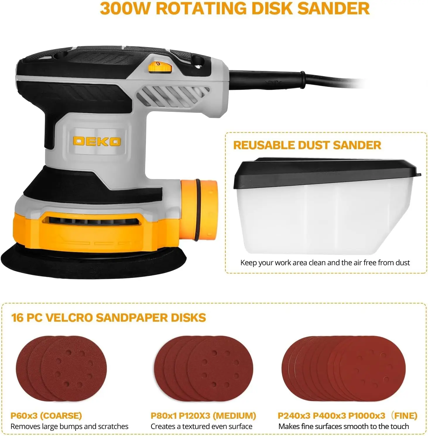 Orbital Sander Corded Hand Sander: DEKOPRO 5" Random Orbital Sander with Dust Box