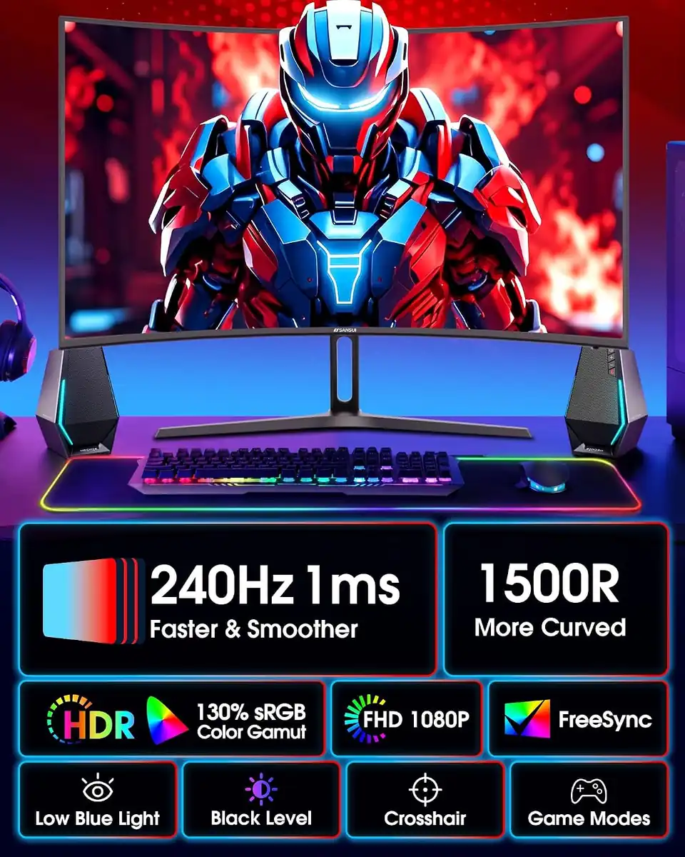 SANSUI 27 Inch Curved 240Hz Gaming Monitor FHD 1080P