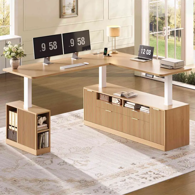 SEDETA Fluted L Shaped Executive Electric Standing Desk with 4 Drawers
