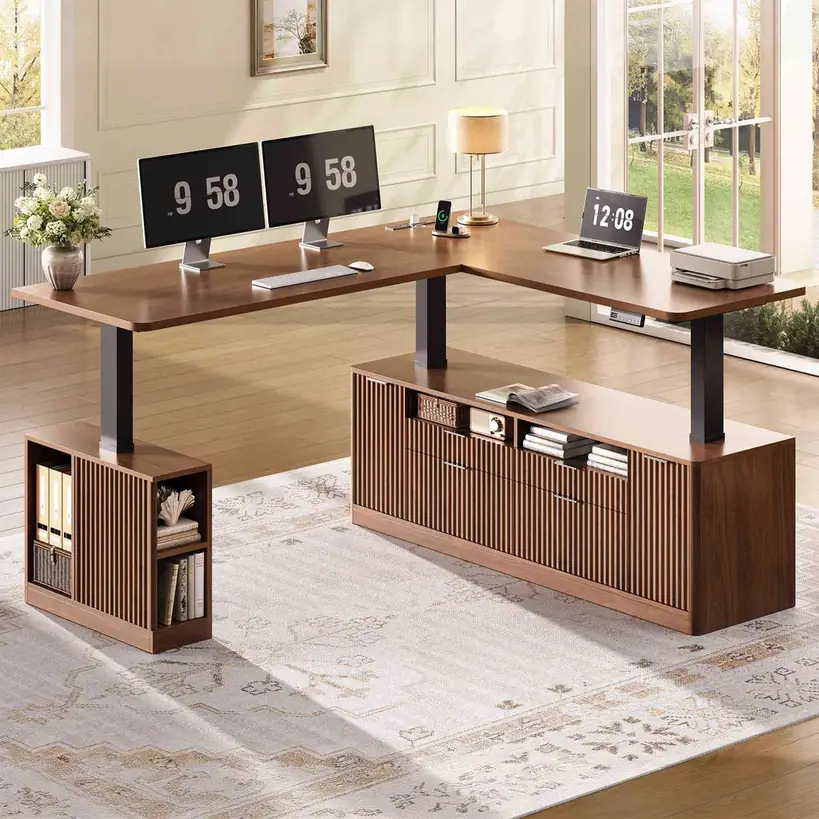 SEDETA Fluted L Shaped Executive Electric Standing Desk with 4 Drawers