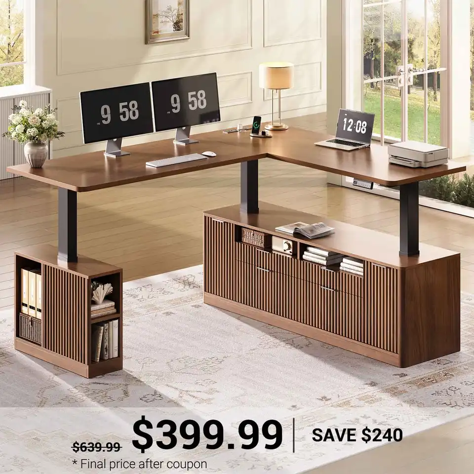 SEDETA Fluted L Shaped Executive Electric Standing Desk with 4 Drawers