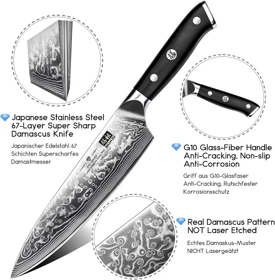 SHAN ZU Chef Knife 8 Inch Japanese Steel Damascus Kitchen Knife