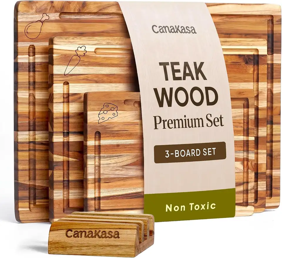 Teak Wood Cutting Board Set of 3 with Juice Grooves