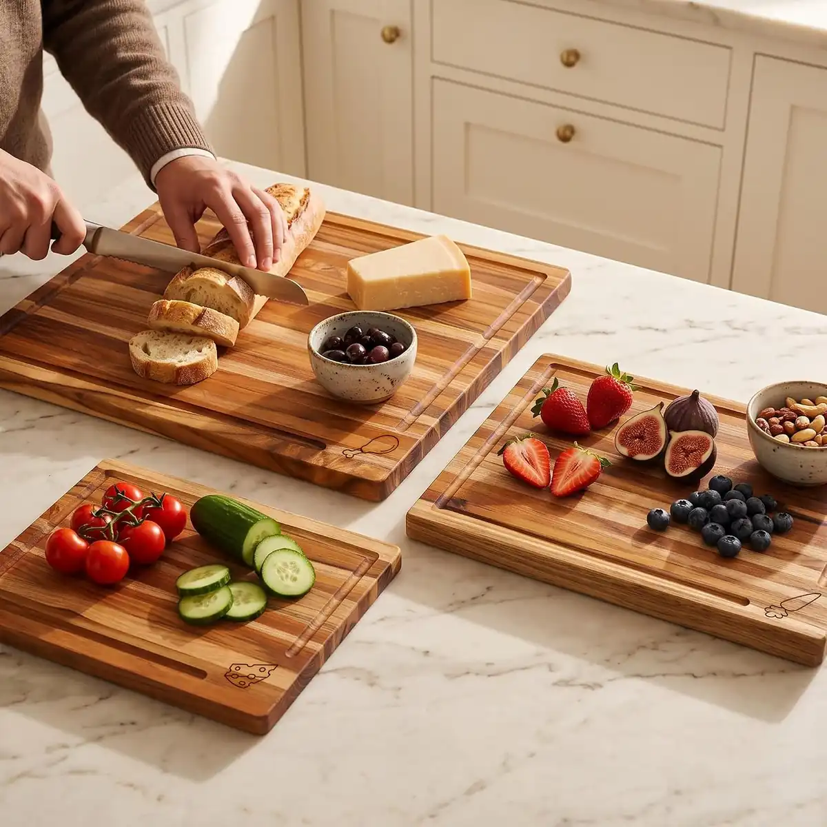 Teak Wood Cutting Board Set of 3 with Juice Grooves