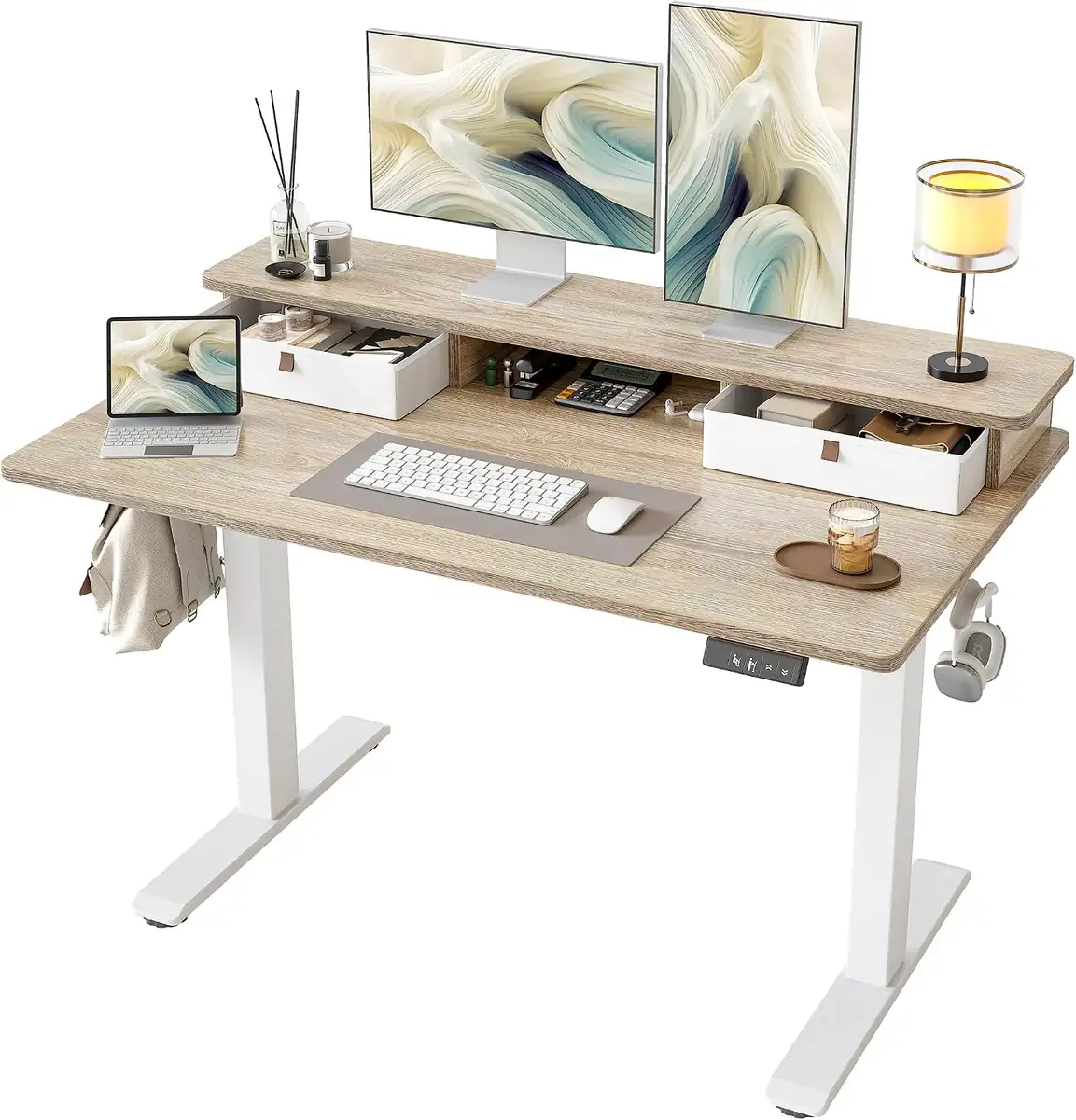TIQLAB 48 * 24 inch Standing Desk with Two Drawers&Top Shelf