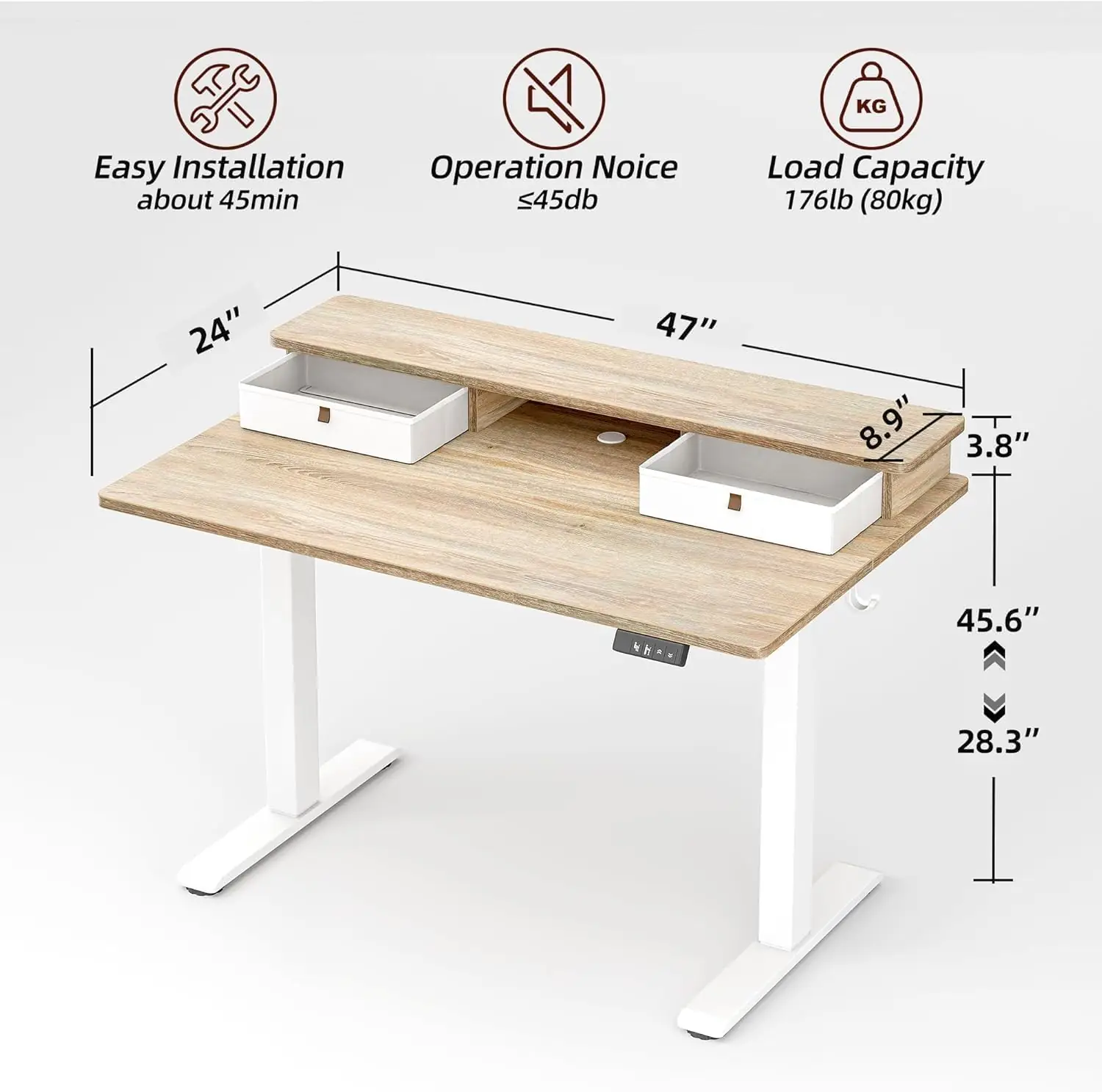 TIQLAB 48 * 24 inch Standing Desk with Two Drawers&Top Shelf
