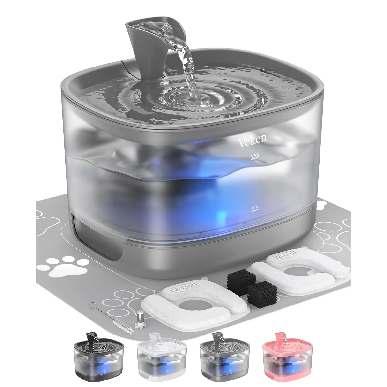 Veken 85oz/2.5L Cat Water Fountain with Detachable Tank & Secure Clips