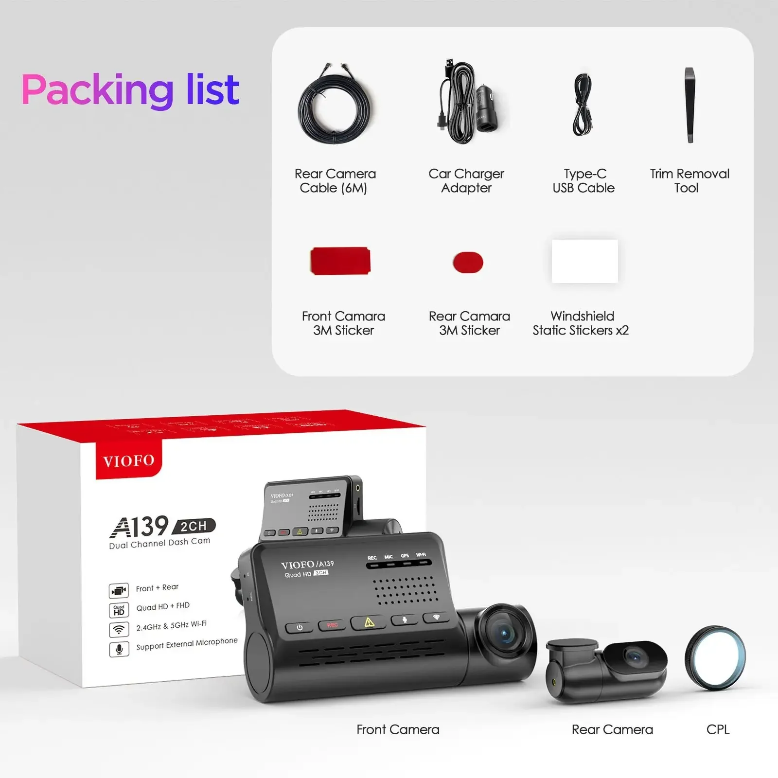 VIOFO Dual Dash Cam 2K Front 1080P Rear Wi-Fi GPS