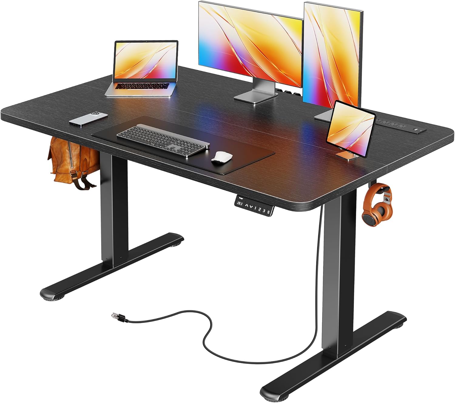 Exact black 47.2 x 23.6 in desk, full product view with controller, hooks and integrated power area visible.