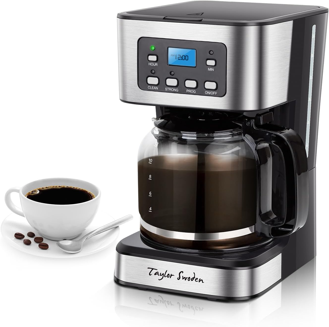 Exact seed listing hero image: black/stainless Taylor Swoden 12-cup programmable brewer with glass carafe.